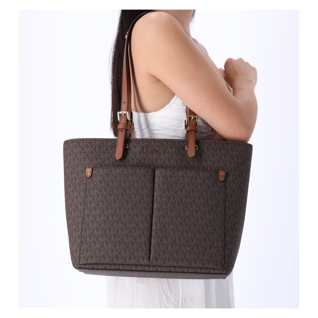 Michael Kors Jet Set Travel Medium Double Pocket Tote Vegan Leather Brown Mk